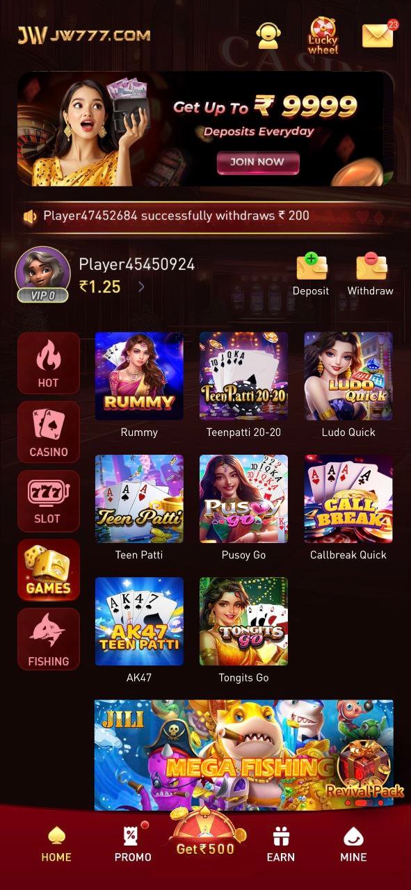 JW777 Game casino app home screen with rummy teen patti ludo games