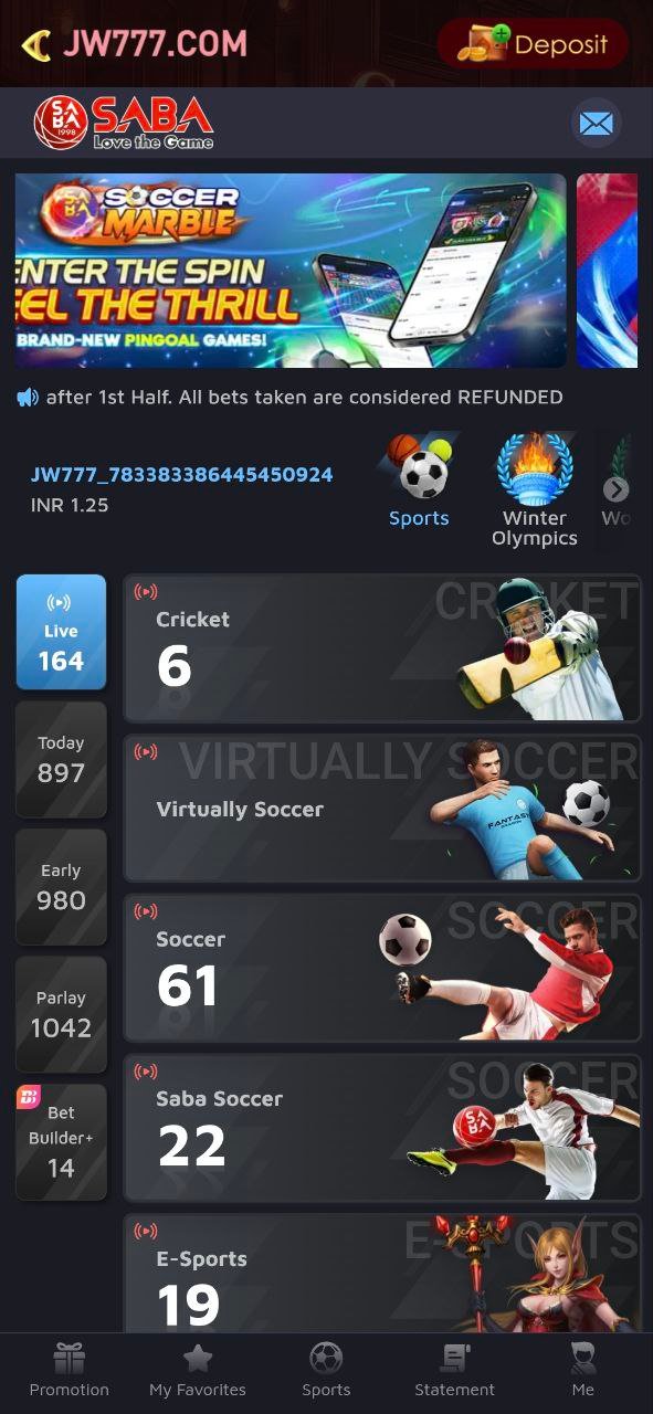 JW 777 sports and live betting dashboard interface